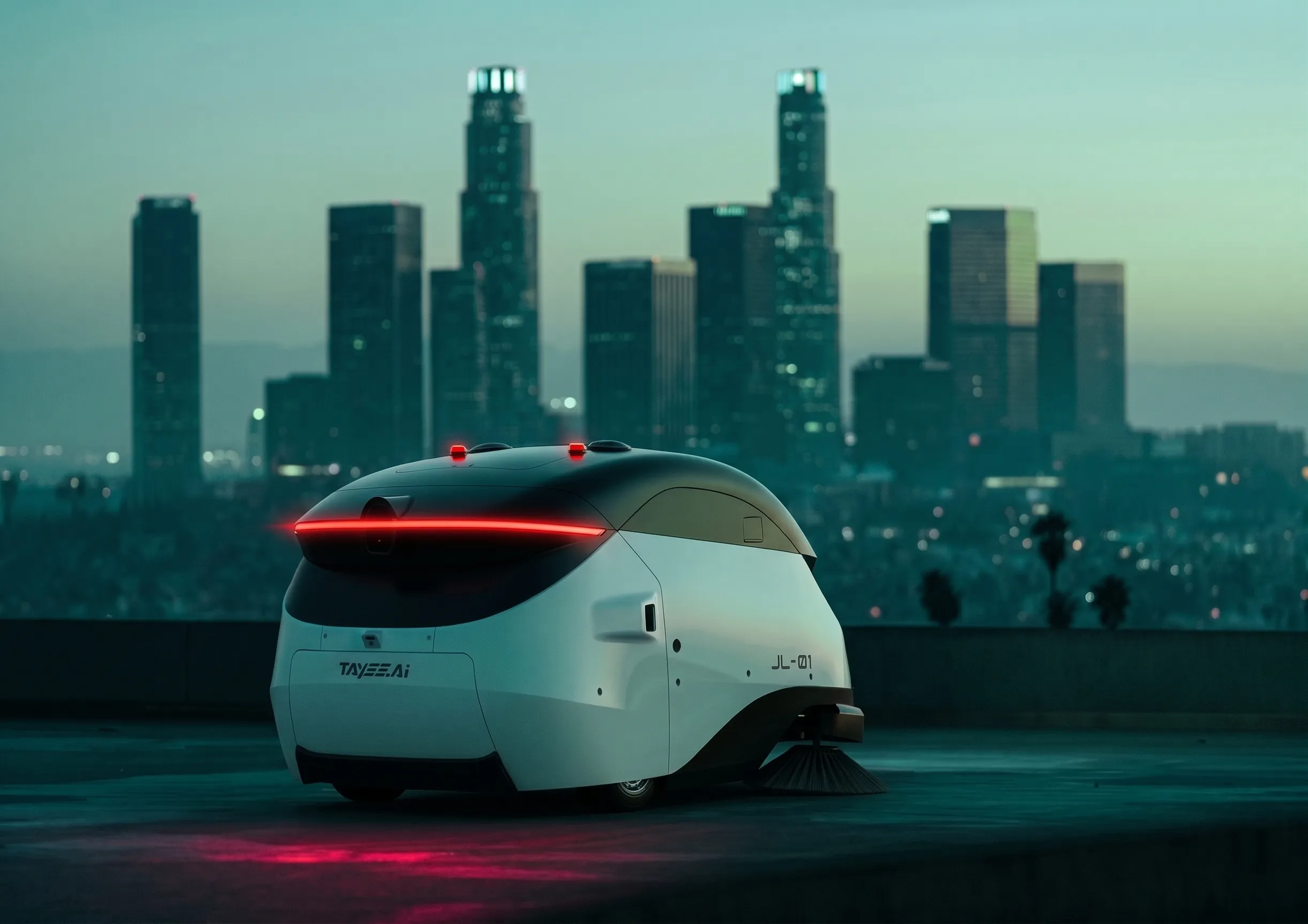 TAYEE sweeping robot in front of a dusk city skyline