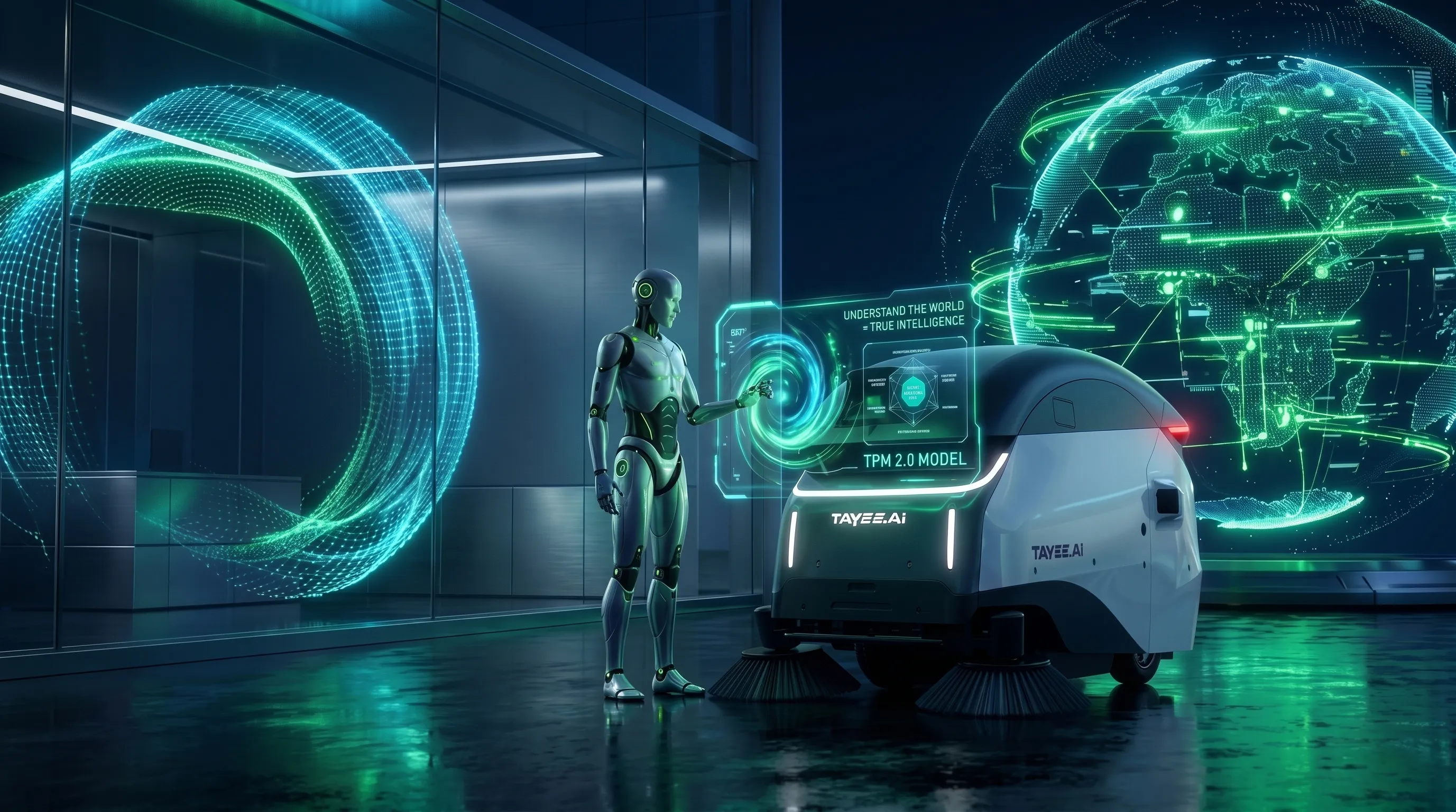 TAYEE intelligent street-sweeping robot in a holographic tech scene