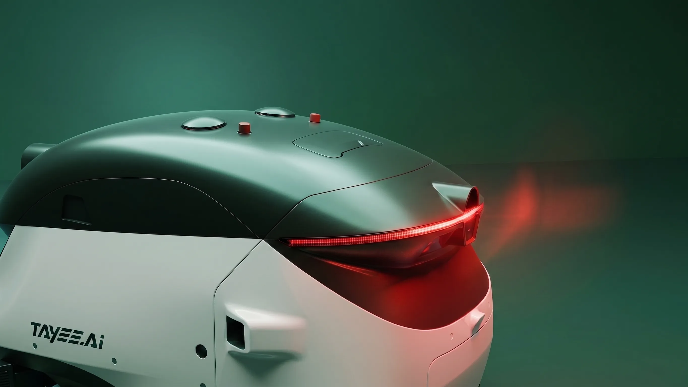 Rear close-up of the TAYEE sweeping robot with TAYEE.AI logo on the white body, cyan ambient light