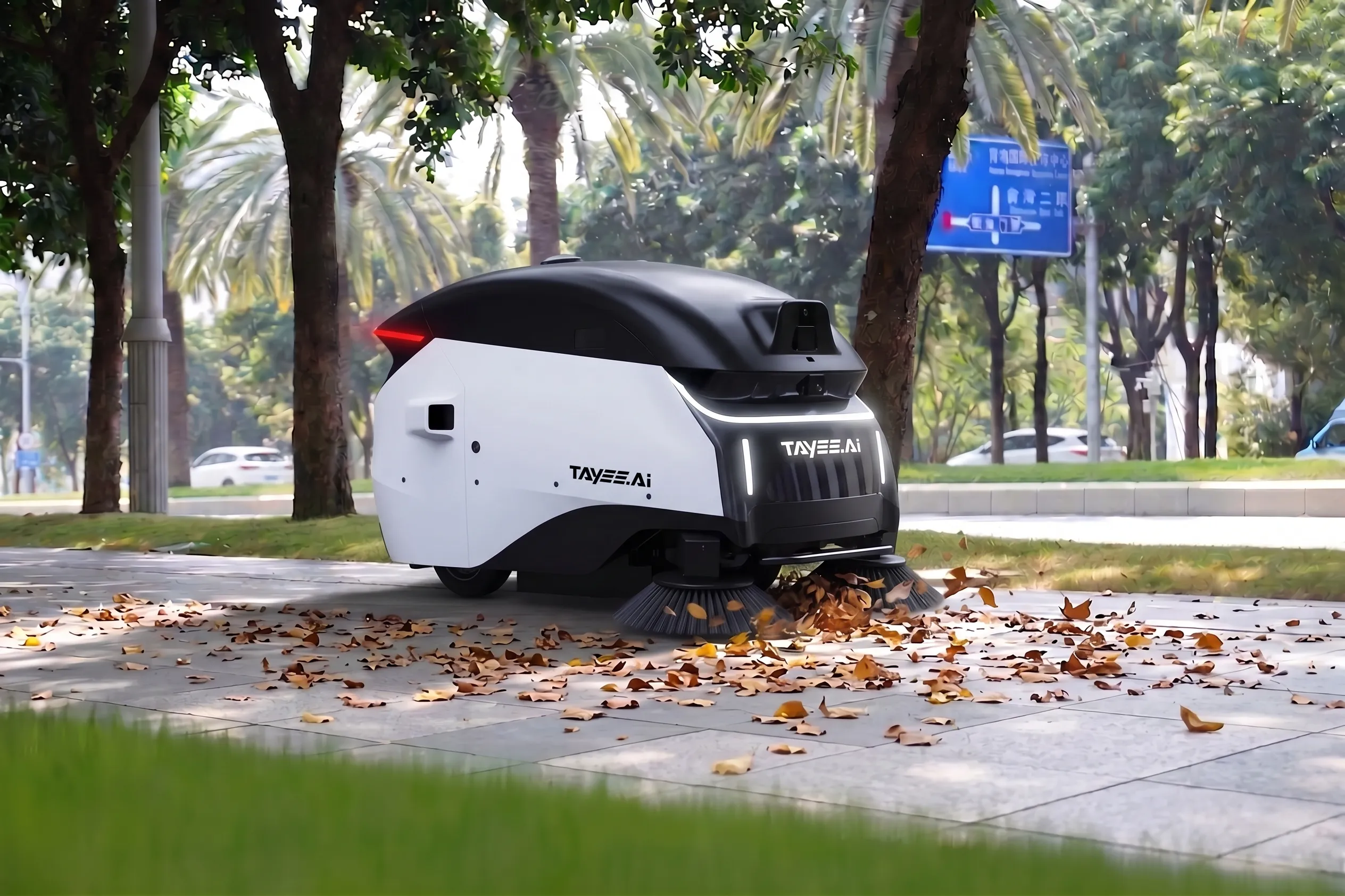 Robot sweeping a leaf-covered street among diverse outdoor scenes