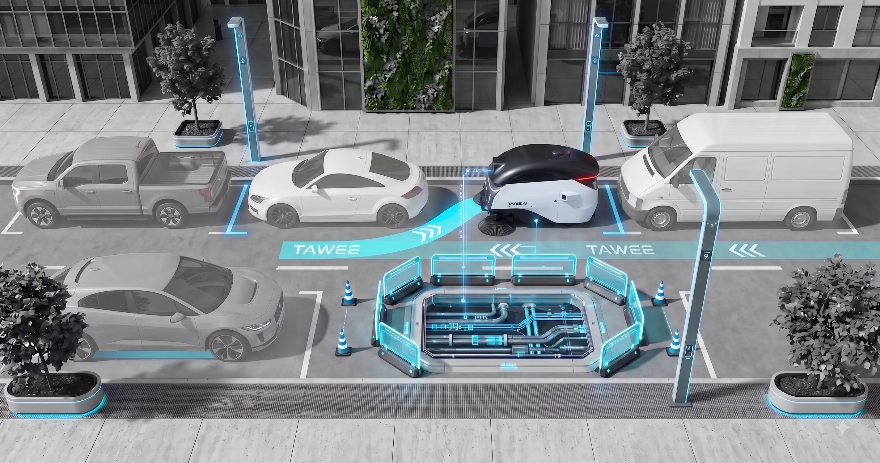 Robot navigating around vehicles with precise obstacle avoidance
