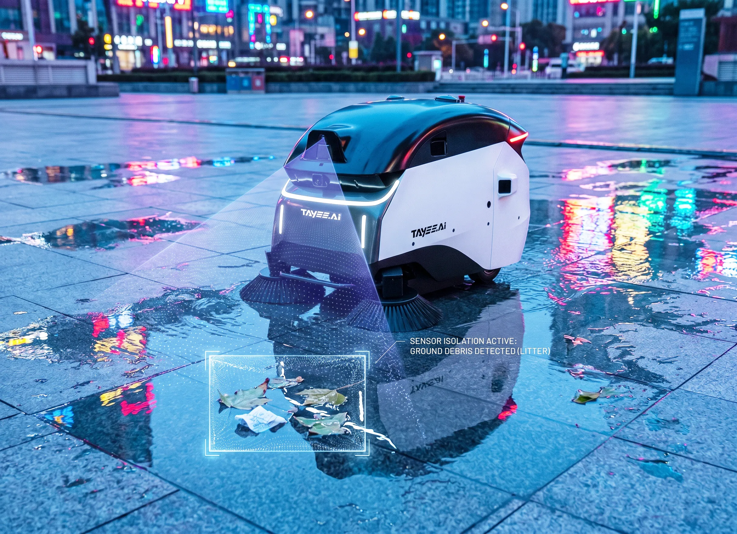 Robot precisely detecting ground litter on a rain-wet neon plaza at night